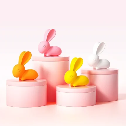 Four colorful bunny-shaped waterproof vibrators—orange, pink, yellow, and white—showcased on a tiered display for easy product selection.
