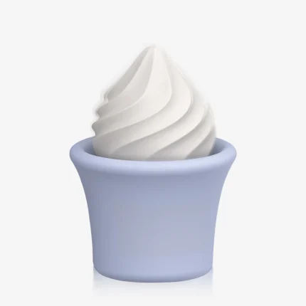 Soft-touch silicone clitoral stimulator in a blue ice cream cup design, highlighting the discreet and playful aesthetic of this personal massager.