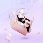 Discreet wellness massager tucked inside a stylish handbag alongside cosmetics, illustrating the portable and "hide-in-plain-sight" nature of the product.