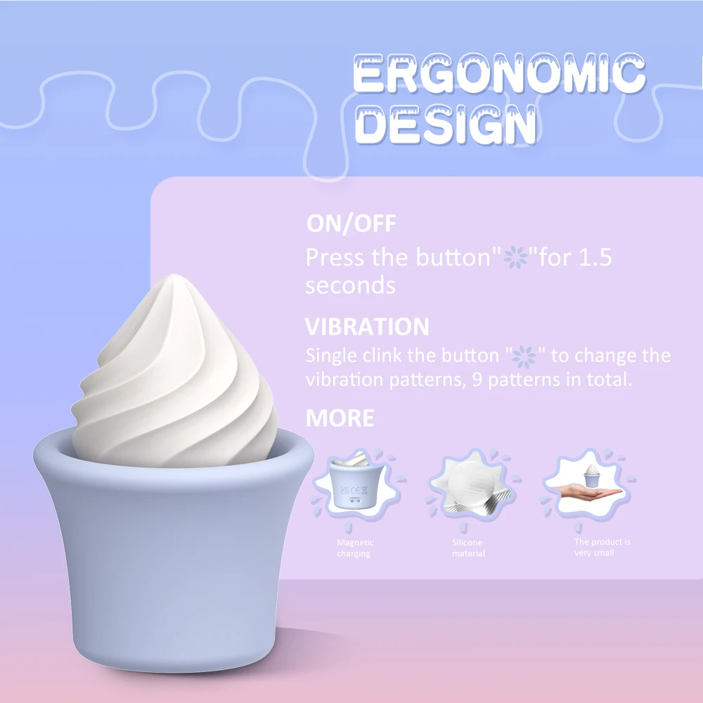Product feature summary showing the ergonomic control button, magnetic charging port, and compact palm-sized dimensions of the silicone stimulator.