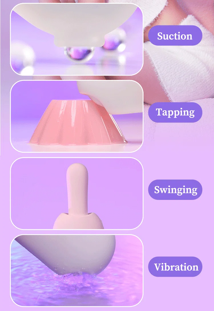 Infographic illustrating the four primary stimulation modes of the ice cream shaped massager: suction, tapping, swinging, and vibration.