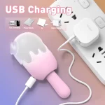 Infographic showing the HH Ice Pop vibrator charging via multiple USB sources including a wall charger, power bank, laptop, and car adapter.