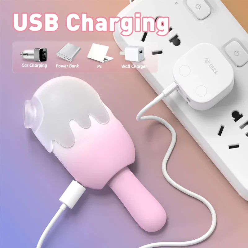 Infographic showing the HH Ice Pop vibrator charging via multiple USB sources including a wall charger, power bank, laptop, and car adapter.