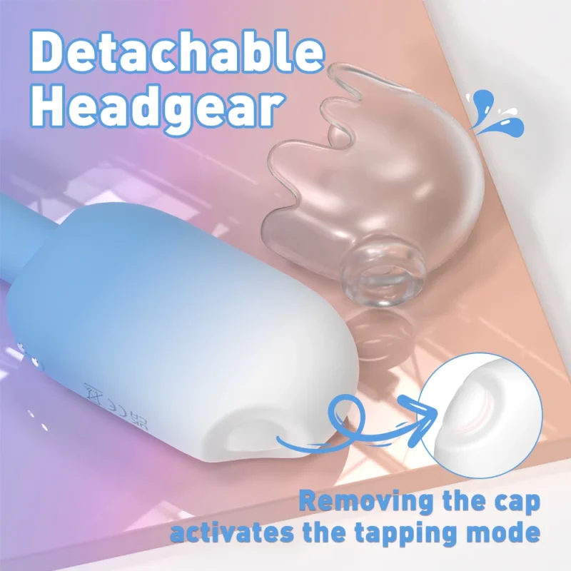 Close-up of the HH Ice Pop featuring its detachable silicone headgear and a demonstration of the dual-function tapping and vibration modes.