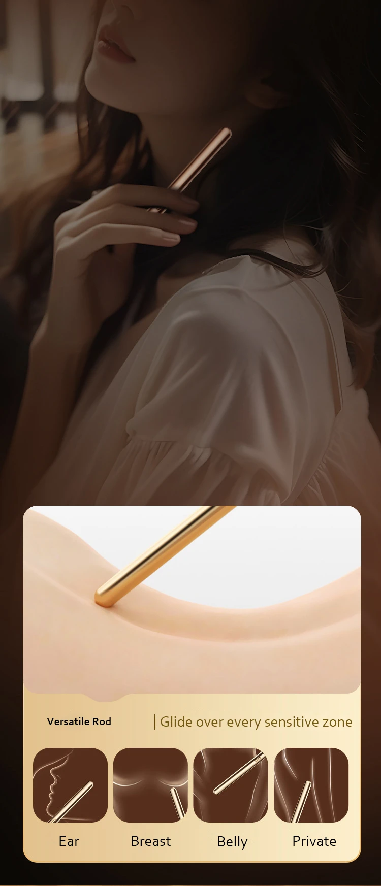 Lifestyle demonstration of a slim gold intimacy device being used as a versatile body massager for sensitive zones like the neck and ears.
