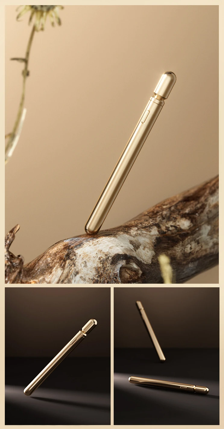 Professional product photography of the gold Joy Rod pleasure tool balanced on a natural wood element to emphasize organic luxury.