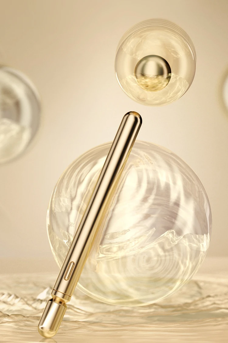 Waterproof Joy Rod vibrator displayed with floating water spheres to highlight its moisture-resistant capabilities and bath-friendly use.