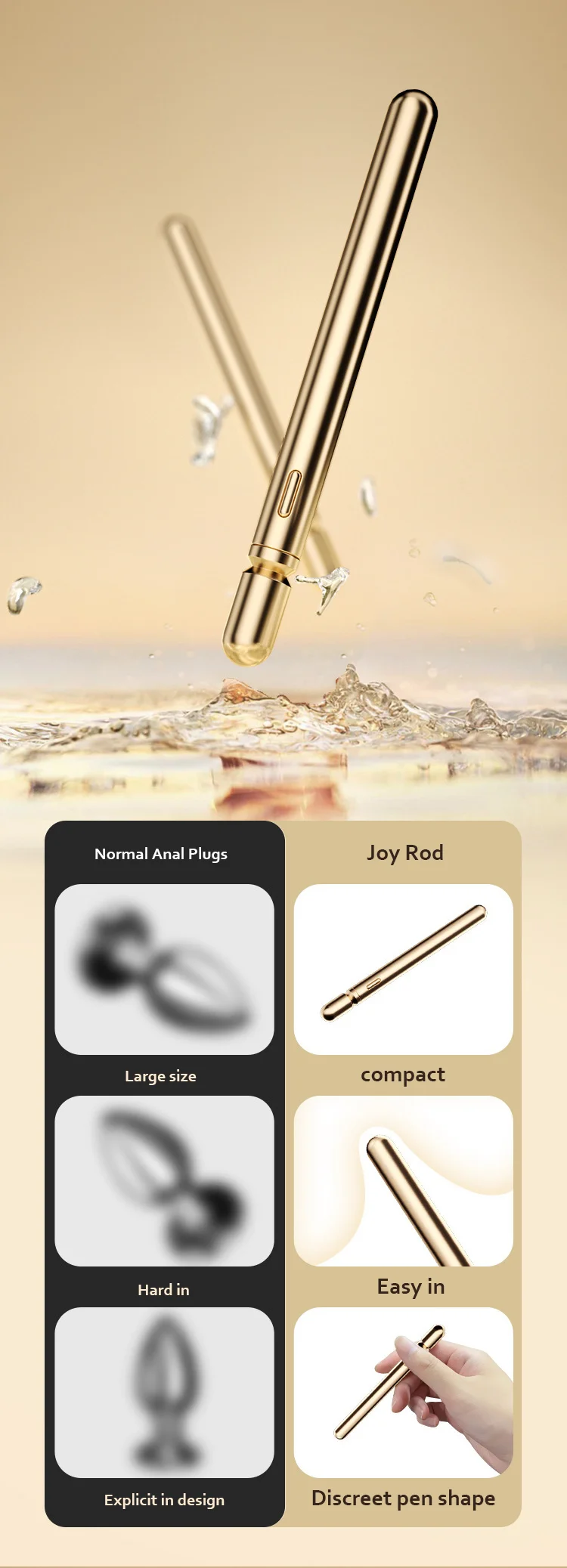 Comparison chart illustrating the Joy Rod's compact and discreet pen-shaped design versus traditional, more explicit adult products.