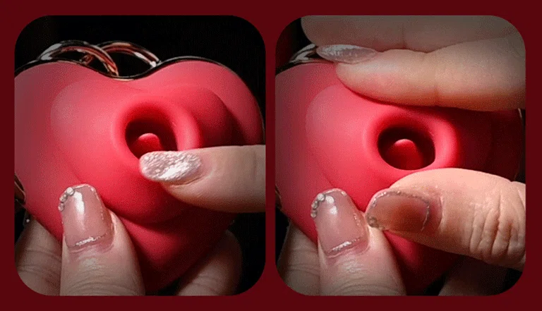 Demonstration of the ultra-soft, skin-safe silicone texture on the heart-shaped intimacy tool being compressed by fingertips.