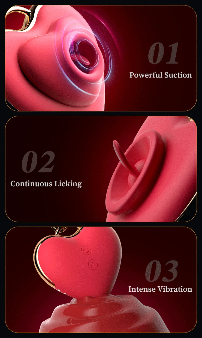 Infographic showcasing the three core functions of the adult toy: powerful suction, continuous licking motions, and intense vibration patterns.