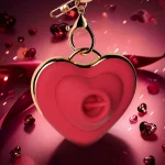 Luxurious product photography of the HH Kiss heart-shaped massager suspended by its gold hardware against a romantic red bokeh background.