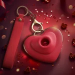 Heart-shaped clitoral licking vibrator with a red silicone wrist strap and gold-tone keychain clip, shown on a decorative red background with metallic accents.
