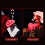 Lifestyle imagery showing the discreet adult accessory attached to a designer handbag, emphasizing its "Trendy Accessories" and "Step Out with Confidence" design philosophy.