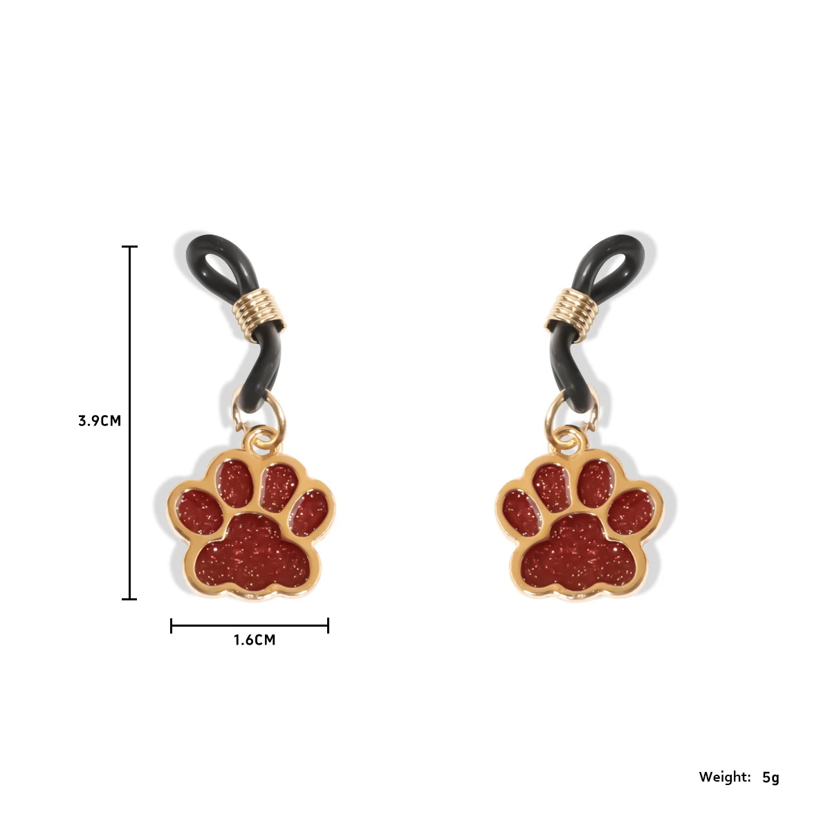 Product dimensions for the red glitter paw body jewelry, showing the 1.6cm width of the charm and the secure silicone loop for a gentle, custom fit.