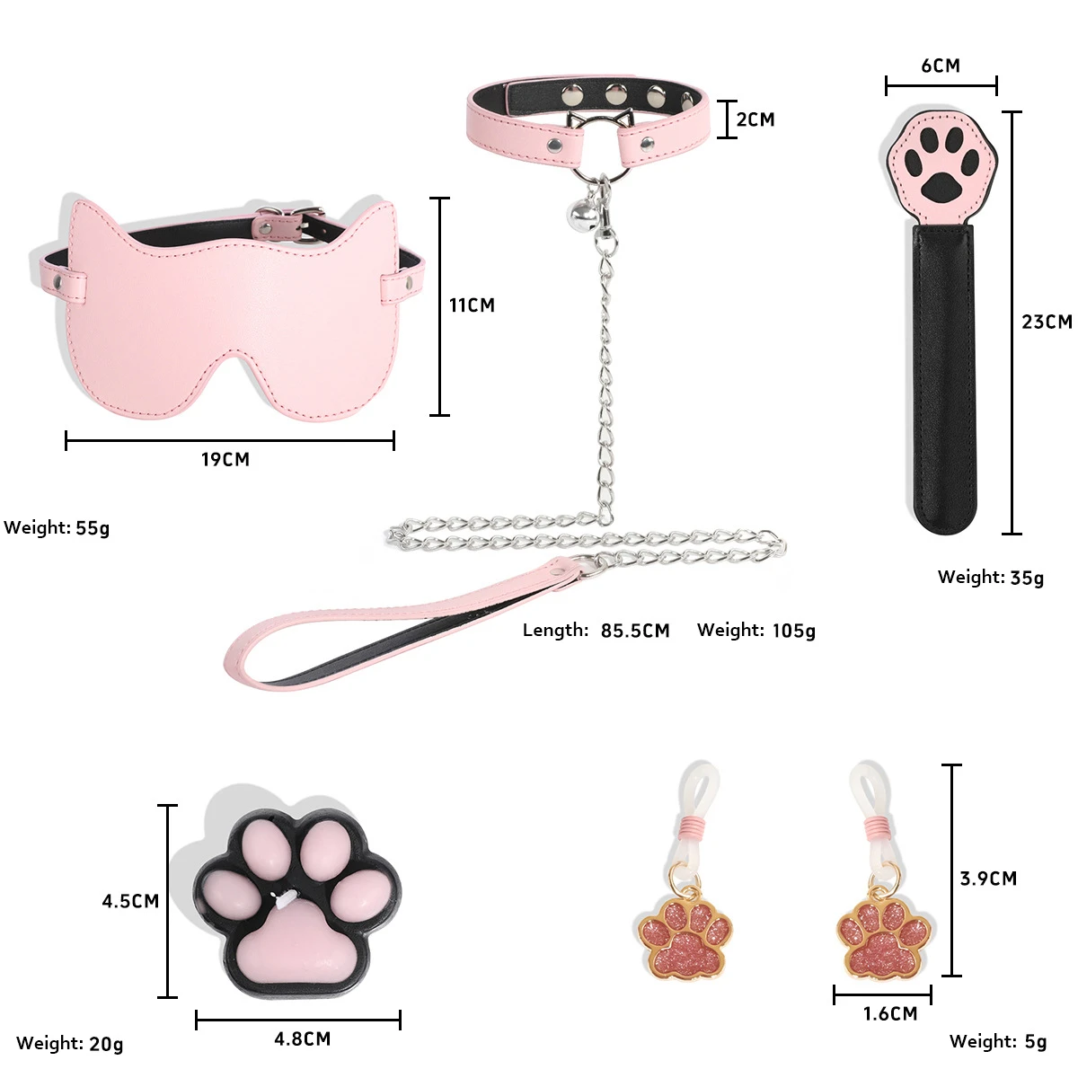 Infographic displaying dimensions and weights for the pink kitty roleplay kit, including the 19cm wide eye mask and 85.5cm long metal chain leash.