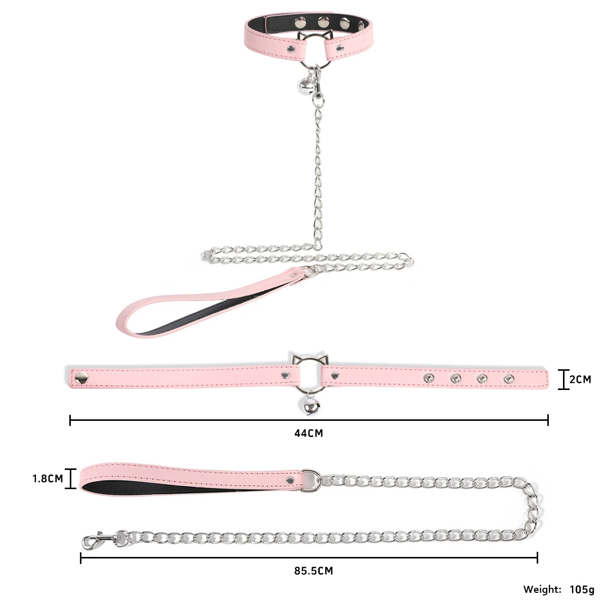 Technical specifications for the pink kitty collar and leash set, highlighting the 44cm adjustable neck strap and 2cm width for secure and comfortable wear.