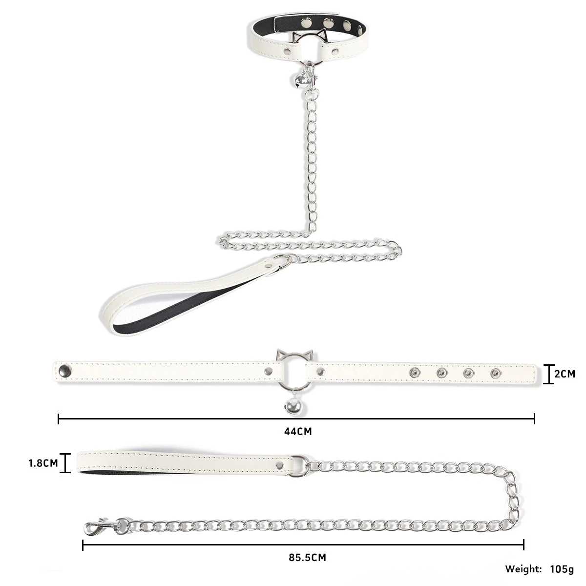 Product diagram for the white leather restraint set showing the 85.5cm chain length and the durable metal clasp for versatile attachment options.
