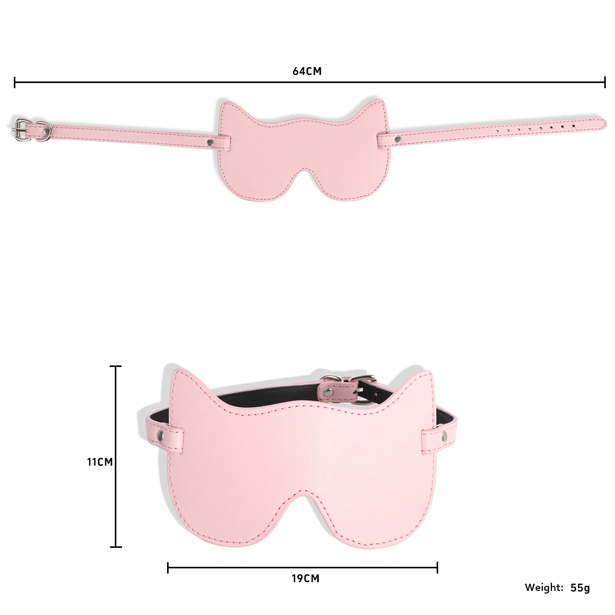Dimensions infographic for the pink faux leather cat blindfold, showing a total strap length of 64cm and an eye mask width of 19cm for a comfortable, adjustable fit.
