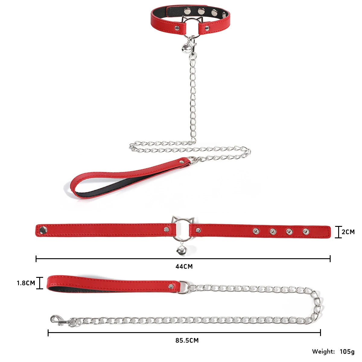 Size guide for the red feline-inspired bondage set, detailing the 105g weight and adjustable snap-button closure on the vegan leather collar.