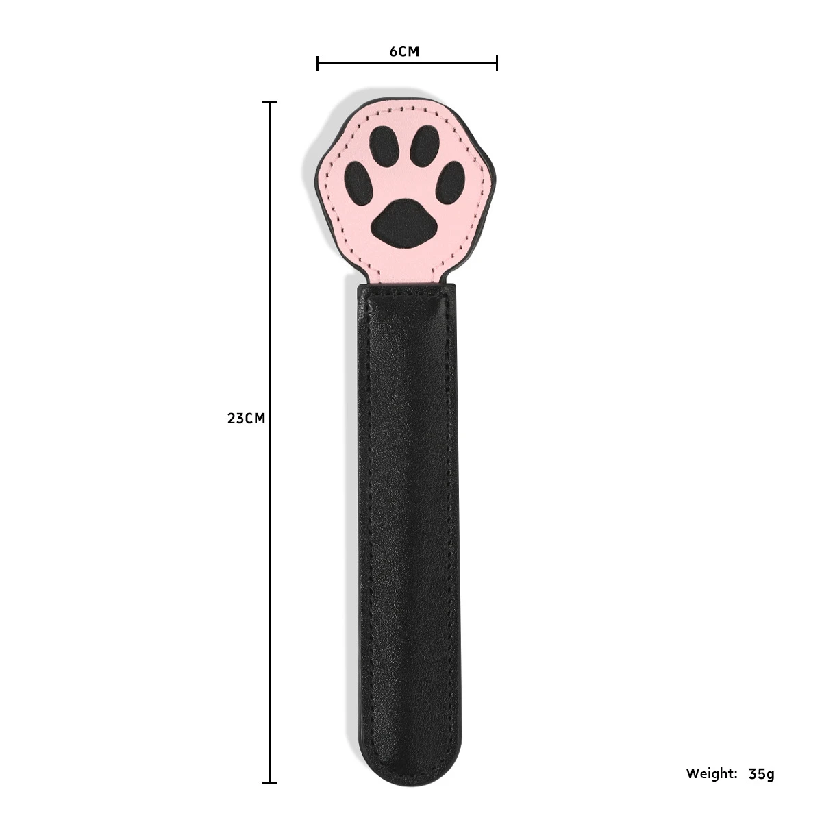 Leather cat paw sensory paddle in pastel pink and black, featuring dimensions of 23cm by 6cm for precise impact play and tactile exploration.