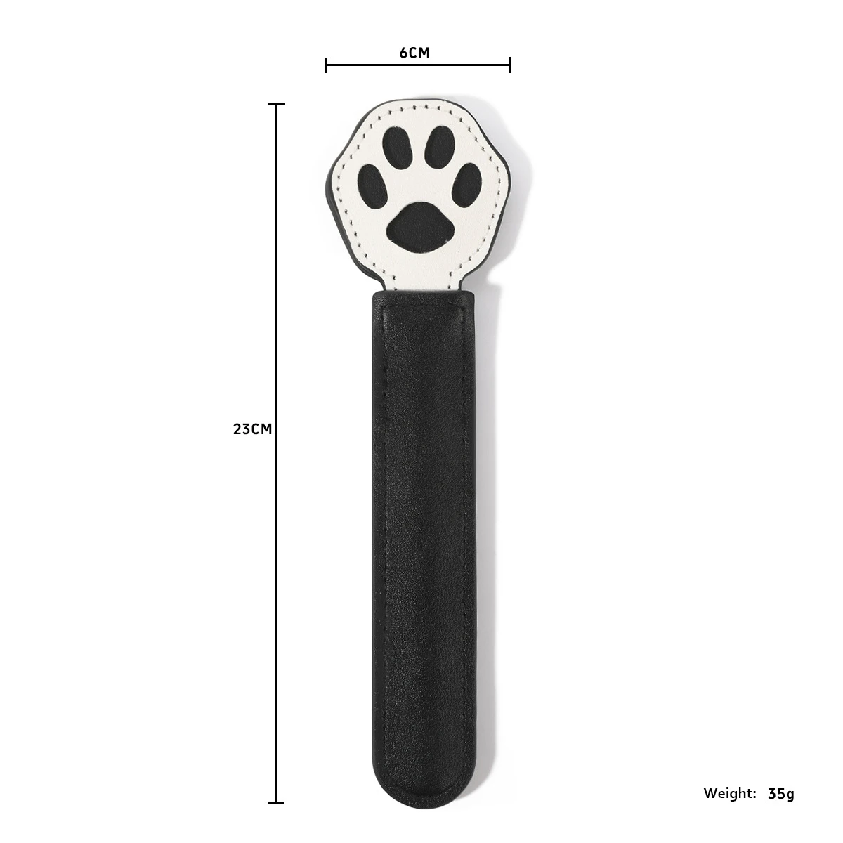 Minimalist white and black leather feline-themed spanking tool, highlighting a lightweight 35g design ideal for light-to-medium sensation play.