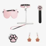Complete 5-piece Kitty Love intimacy set including a pink cat-ear blindfold, bell collar with leash, paw paddle, sensory candle, and glittering nipple clamps.