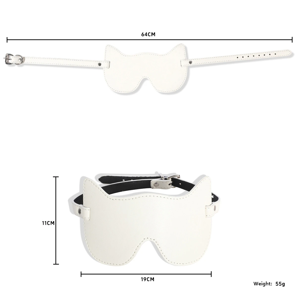 Product specifications for the white feline-inspired sleep mask, highlighting a lightweight 55g design and adjustable buckle closure for immersive roleplay.