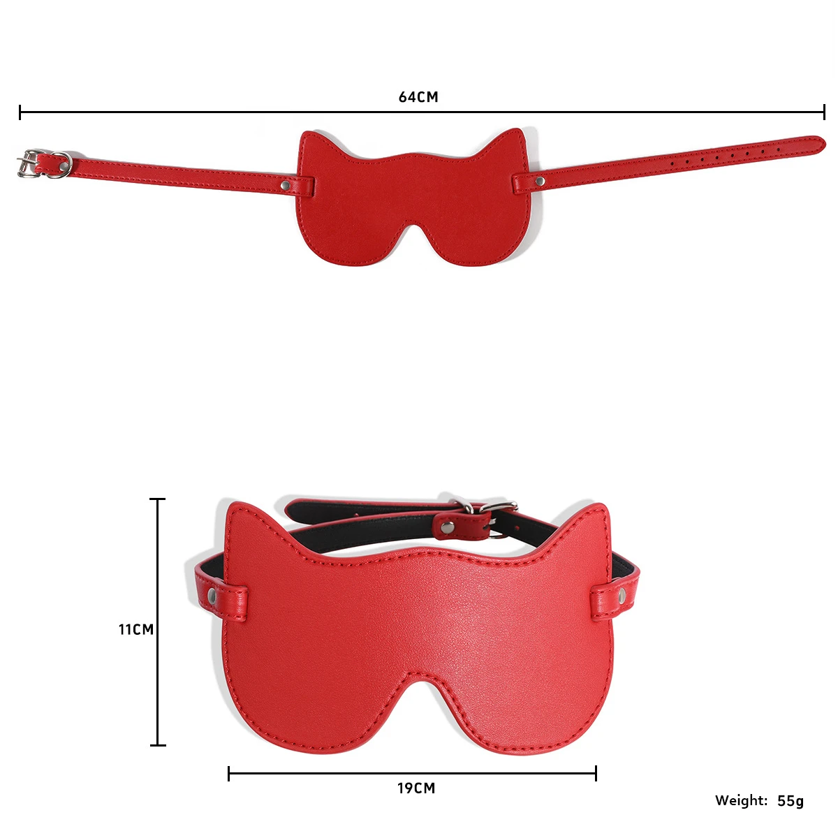 Sizing details for the red vegan leather kitty eye cover, featuring reinforced stitching and a 11cm height to ensure total light blockage during sensory deprivation.