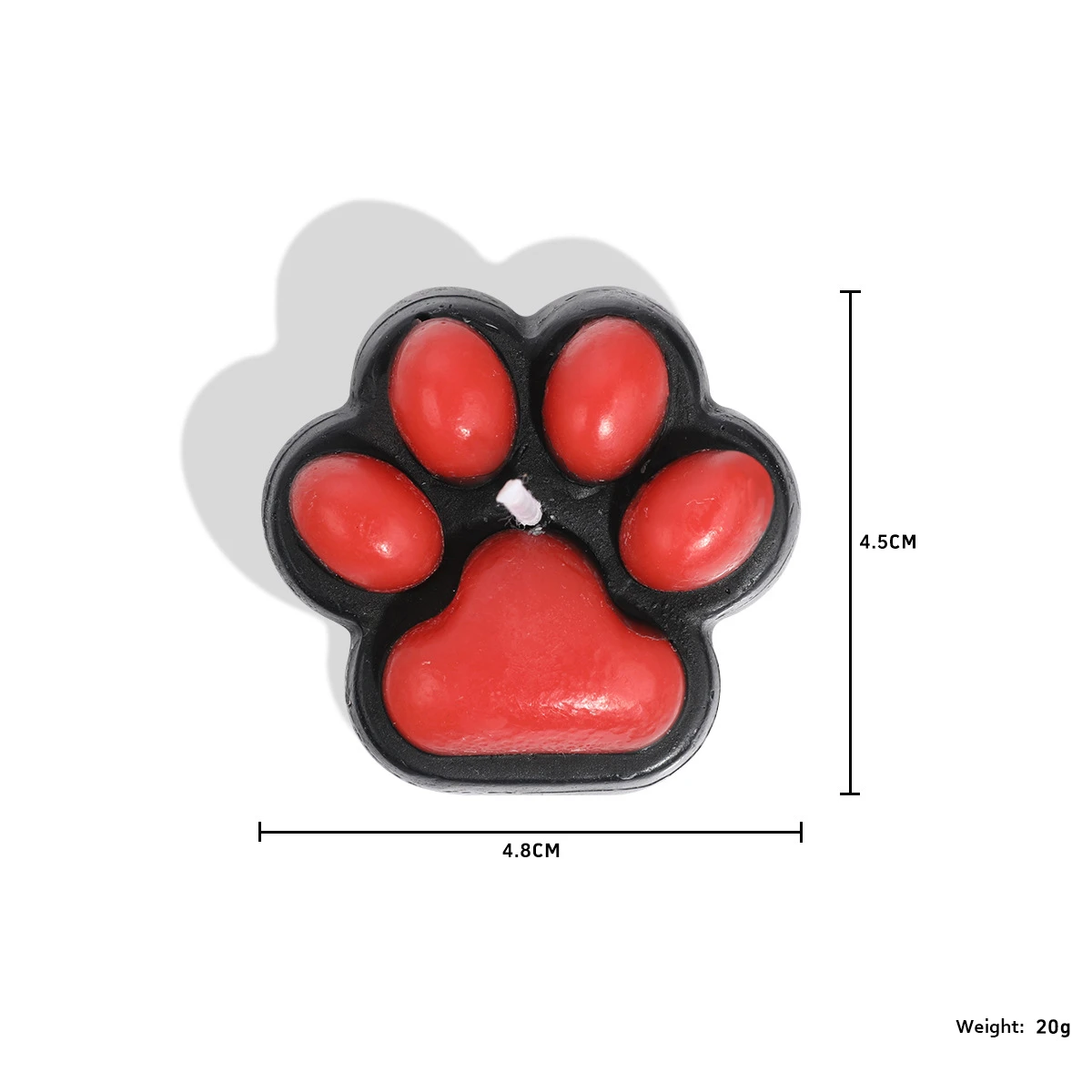 An infographic of the red paw-print novelty candle, illustrating the 4.8cm base diameter and 20g weight for themed bedroom decor.