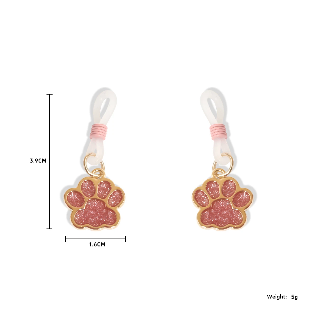 Close-up of pink glitter paw-print nipple dangles with soft silicone loops, showcasing the 3.9cm length and 5g lightweight jewelry design for comfortable wear.
