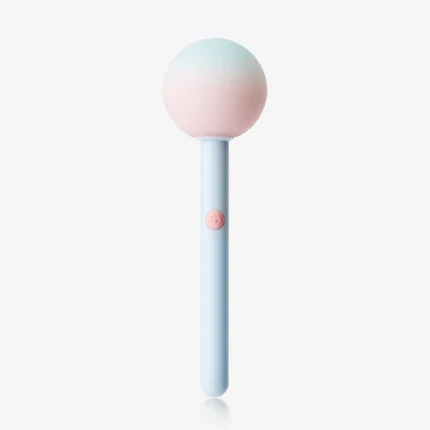 Studio product shot of the Lala Pop lollipop-style stimulator featuring a sleek light blue handle and a pink gradient vibrating head.