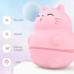 Infographic of the Licking Cat pleasure device highlighting key features including a flexible tip, elastic silicone, perfect length, and soft-touch finish.