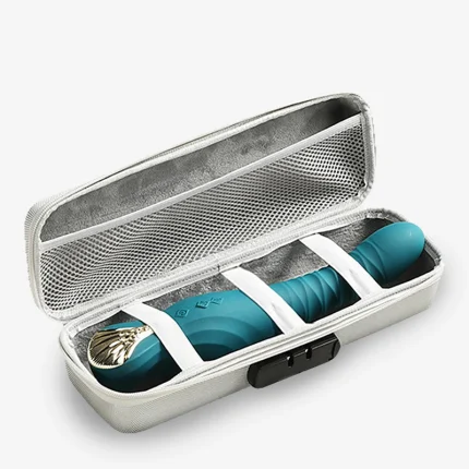 Discreet silver travel case with a built-in combination lock, featuring an interior mesh pocket and elastic straps securing a teal-colored pleasure device.
