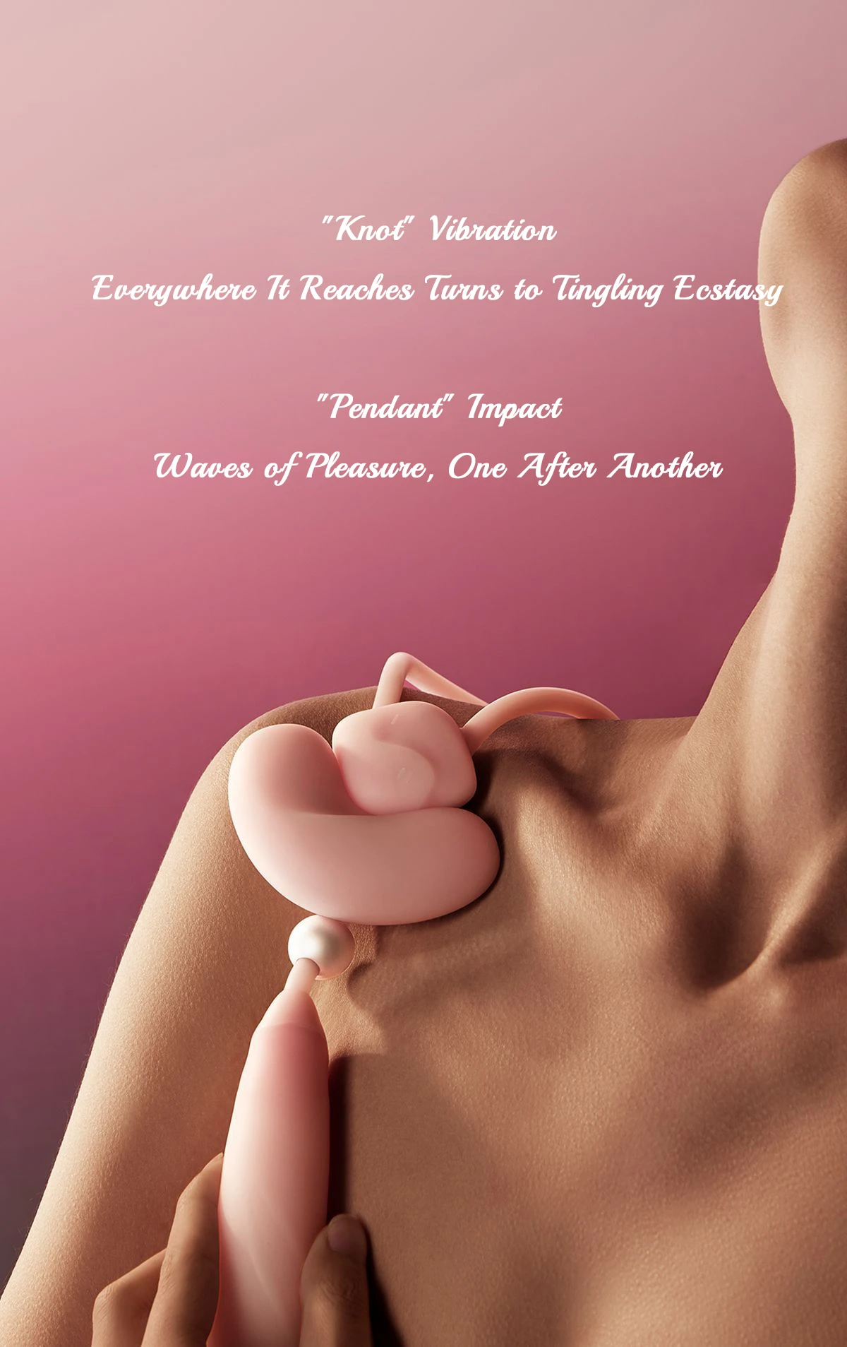 Close-up of the HH Loom "Knot" vibrator and "Pendant" massager showing dual-point stimulation on the shoulder.