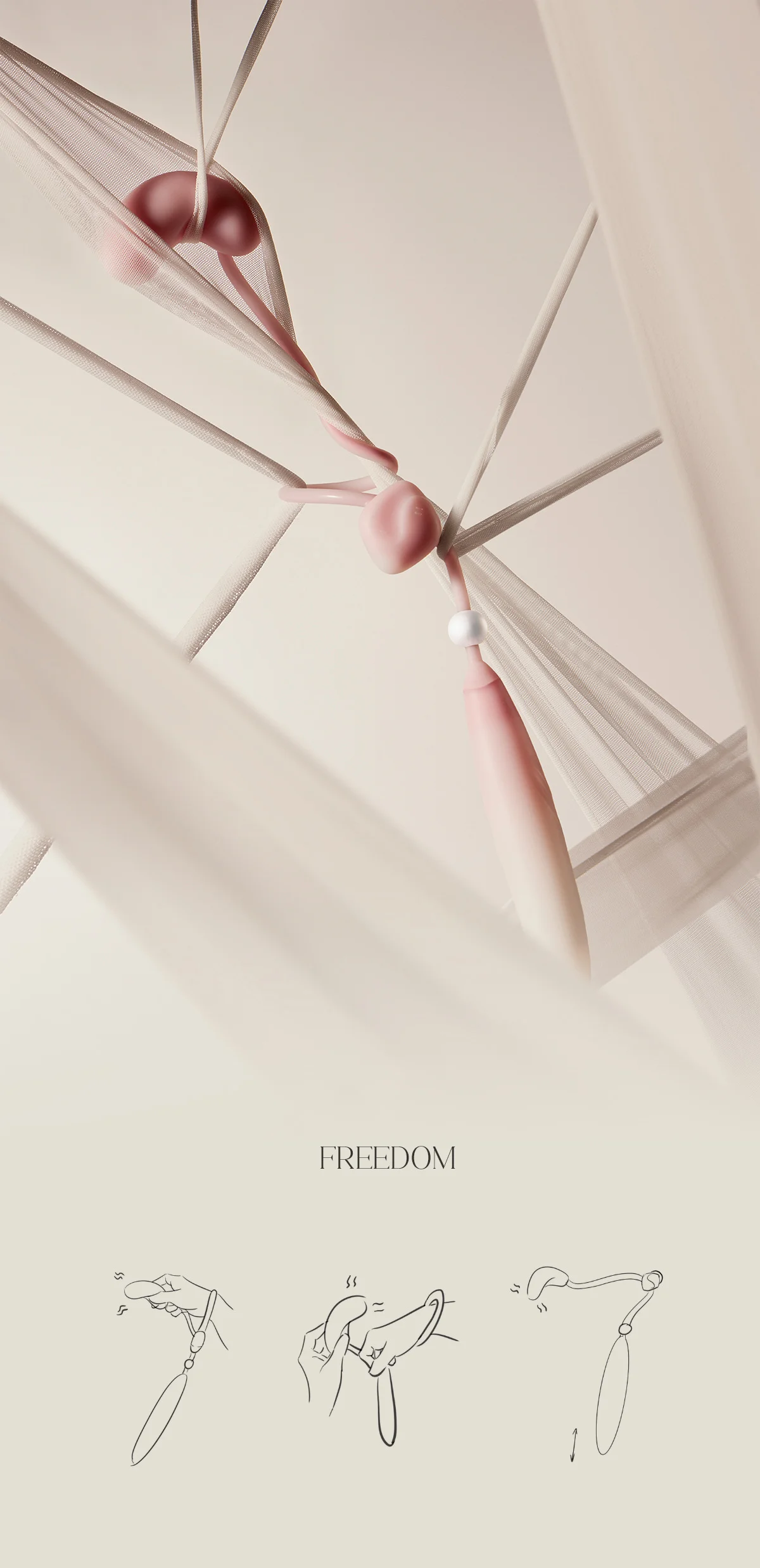 Infographic and artistic layout of the HH Loom "Freedom" model detailing the flexible movement and various usage techniques for clitoral stimulation.