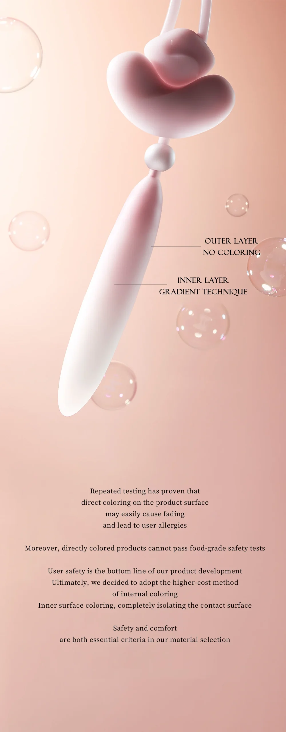 Infographic explaining the skin-safe dual-layer silicone and internal gradient coloring technique of the HH Loom pleasure device.