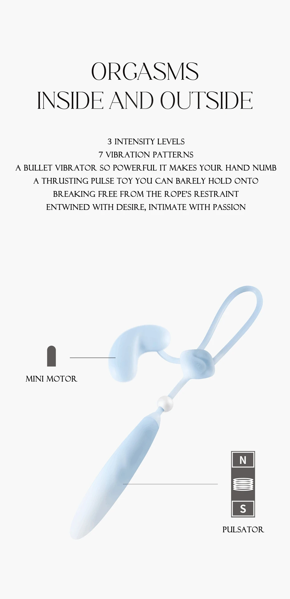 Technical infographic of the HH Loom highlighting the mini motor in the knot and the magnetic pulsator in the pendant tip.