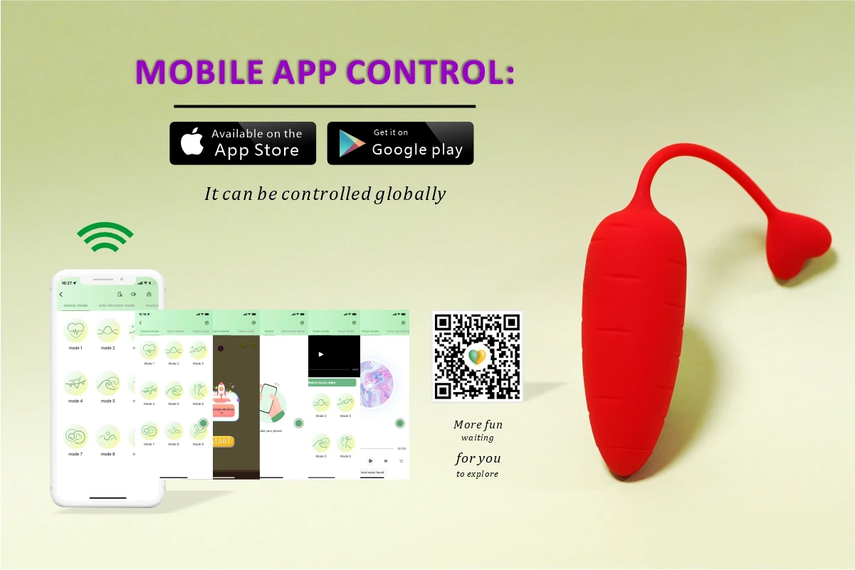 Infographic showing mobile app control for the carrot-shaped vibrator with download links for iOS and Android.