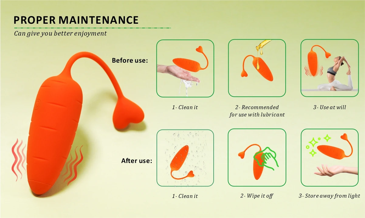 Maintenance guide for a silicone intimacy tool illustrating cleaning steps and proper storage for long-lasting enjoyment.