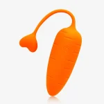 Waterproof IPX6 rated carrot-shaped pleasure device shown with water droplets to highlight splash-proof capabilities for shower or bath use.