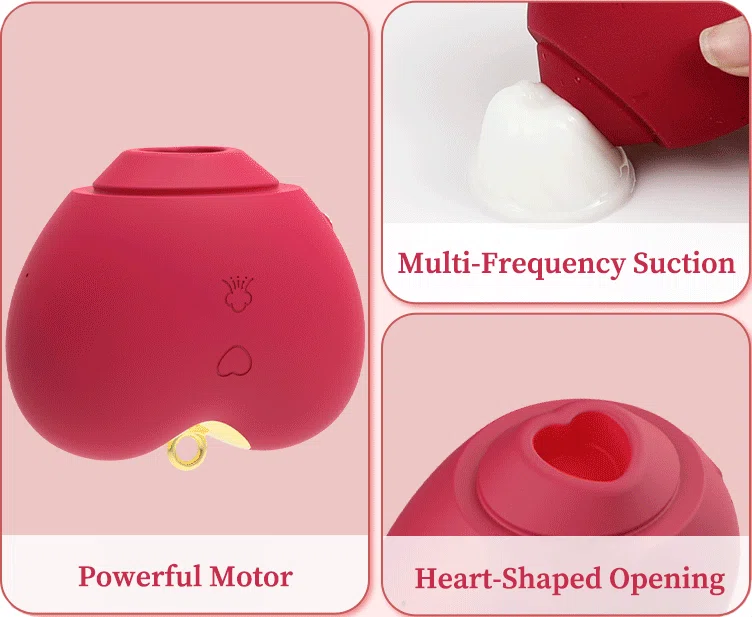 Product detail infographic showcasing the powerful motor, multi-frequency suction capabilities, and the unique heart-shaped opening of the pleasure device.