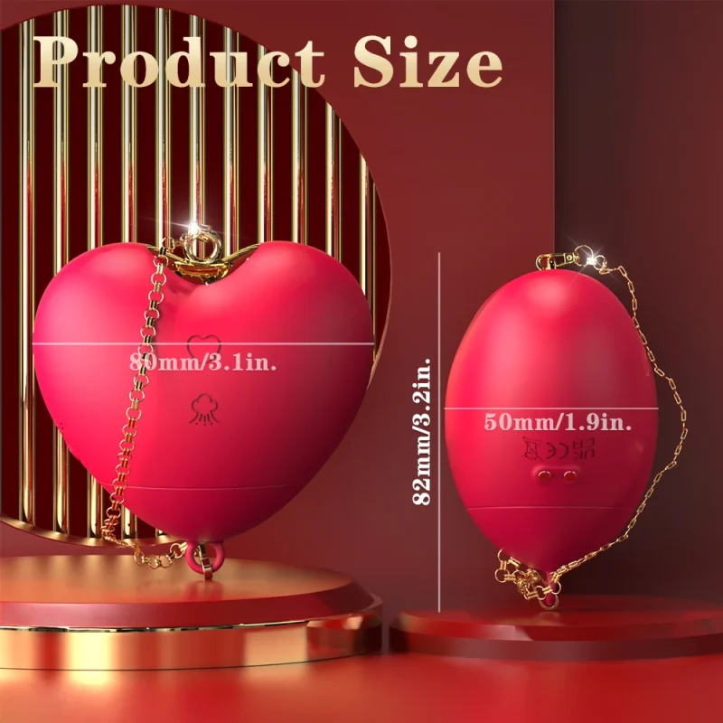 Product dimensions infographic for the LoveWave heart-shaped vibrator showing a compact 3.2-inch height and 3.1-inch width for portable pleasure.