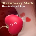 LoveWave clitoral suction massager demonstrating the "strawberry mark" heart-shaped lips feature for targeted air-pulse stimulation and hickey-style sensations.