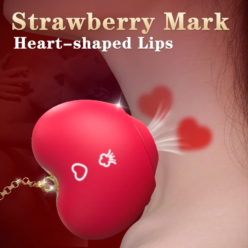 LoveWave clitoral suction massager demonstrating the "strawberry mark" heart-shaped lips feature for targeted air-pulse stimulation and hickey-style sensations.