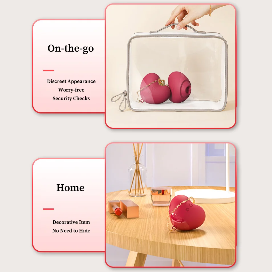 Comparative display showing the adult product’s discreet appearance as a decorative item on a nightstand or tucked away in a travel vanity case.