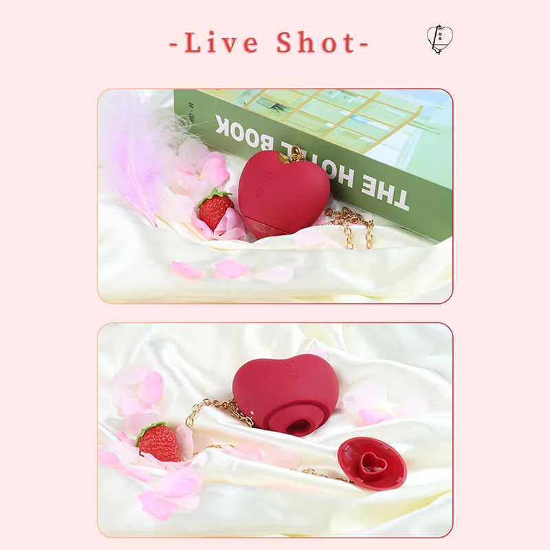 Live product photography featuring the heart-shaped vibrator with its protective cap removed, displayed in a luxury lifestyle setting.