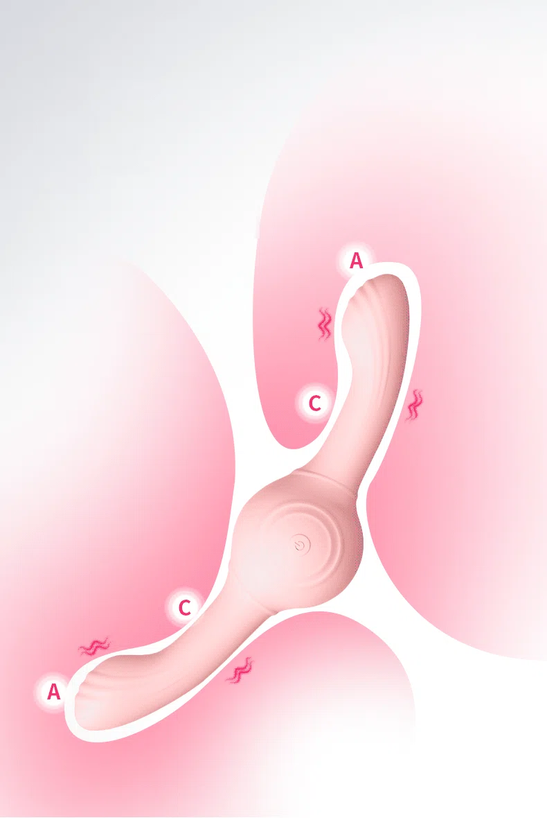 Infographic of the Lumina Duet dual-motor stimulator highlighting the ergonomic G-spot and clitoral massage points with labeled vibration zones and soft-touch silicone contours.