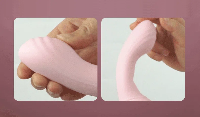 Close-up demonstration of the flexible, skin-friendly silicone material and ribbed texture on the tips of the dual-ended massager.