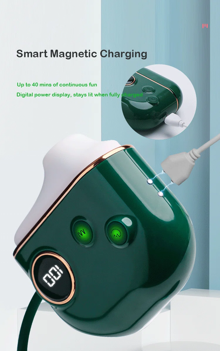 Demonstration of the smart magnetic charging port on a luxury massage wand, featuring a 40-minute continuous runtime and digital power indicator.