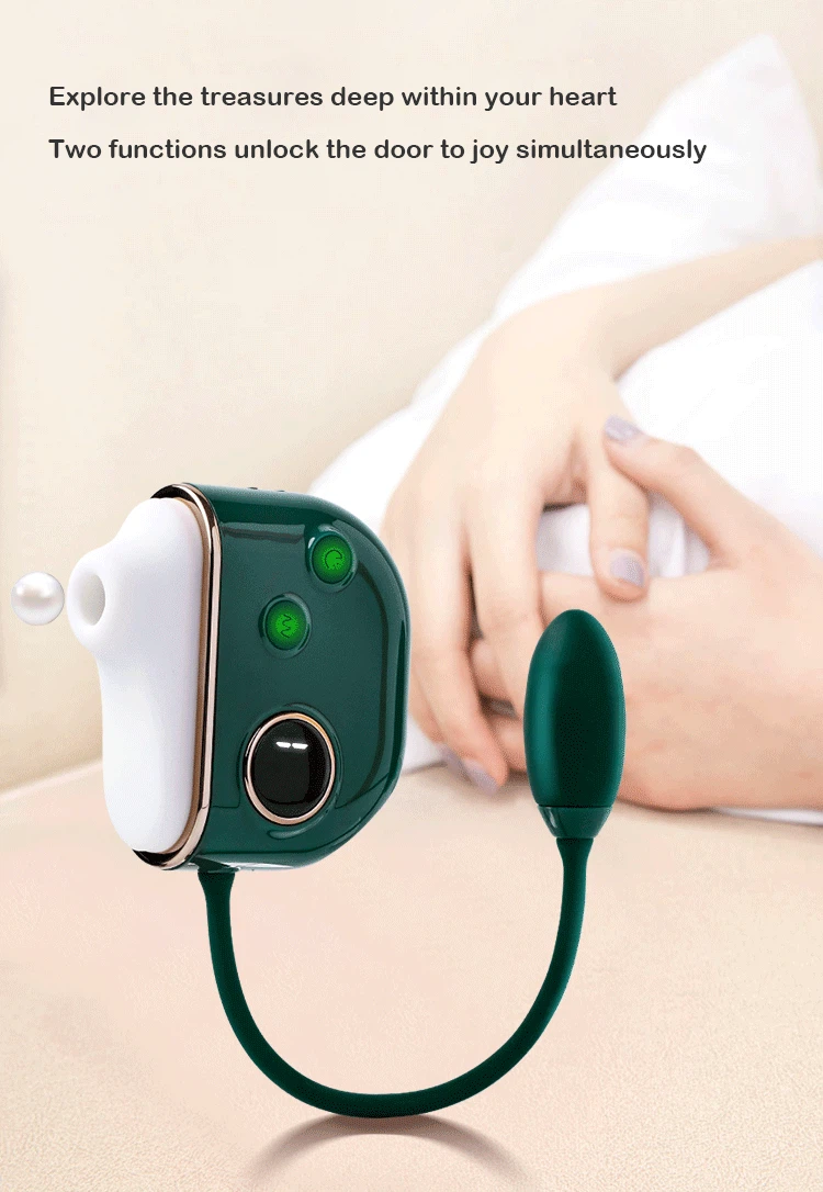 A lifestyle composition featuring the emerald green adult toy on a bedside setting, paired with marketing copy about unlocking simultaneous joy.